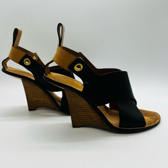 Chloe Black and Tan Wedge Slingback Sandals with Leather Cross-Strap Est SZ 10 - Picture 4 of 15